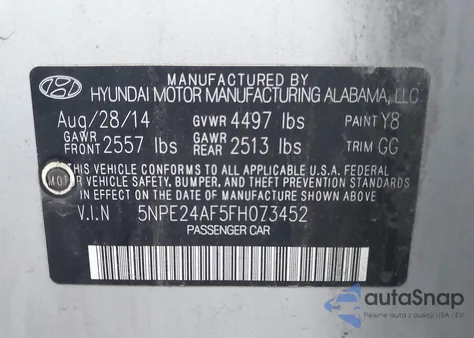2015 Hyundai Sonata Se from USA, damaged, VIN 5NPE24AF5FH073452